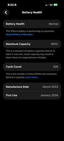 iPhone 16 pro max -265 gb - dual physical with 100% Battery Health, Cycle Count 209 - Recently Used