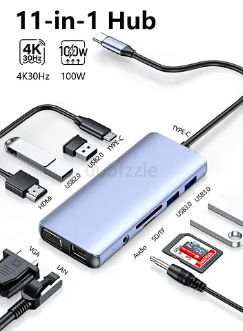 11-in-1 USB C Multiport Adapter Hub, 100W PD Power Delivery Fast Charging, Dual HDMI VGA Display, US