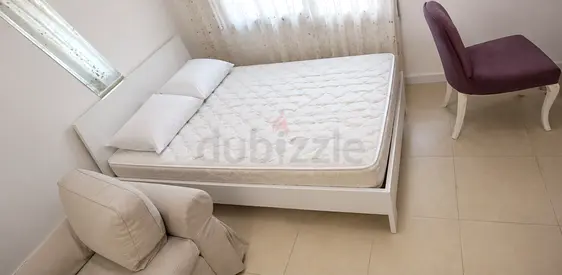 White wooden double bed frame with mattress - good condition