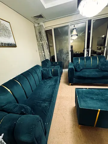 Dark Green Velvet 3+2+1+1Sofa Set with Ottoman - Good Condition
