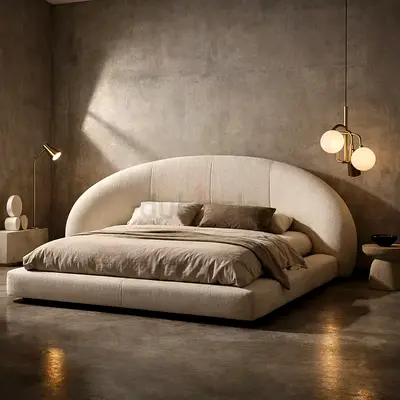 Modern curved upholstered king bed with low platform frame - beige