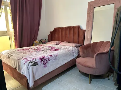 Plush Velvet King Bed Frame with Headboard + Matching Accent Chair (Pink/Rose) 500 as shop condition