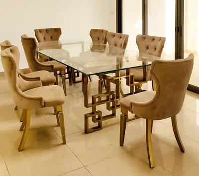 Glass Top Dining Table with 8 Upholstered Chairs - Modern Set