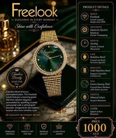 Freelook womens gold-tone watch with crystal bezel - like new in box