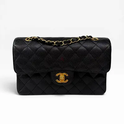 CHANEL SMALL CLASSIC DOUBLE FLAP IN BLACK CAVIAR LEATHER WITH GOLD HARDWARE