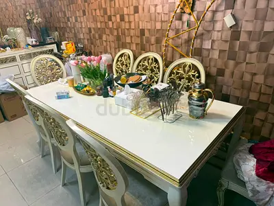 Ornate 8-Seater Dining Table with Carved Chairs - White  Gold