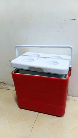 Red portable cooler box - medium size, with lid and handle