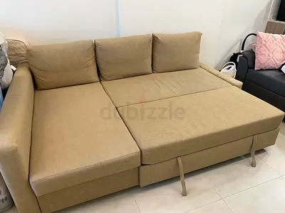 Beige L-shaped Sofa Bed - Converts to Double Bed, Good Condition