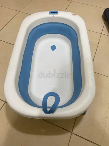 Folding Baby Bath Tub — White with Blue Insert, Gently Used