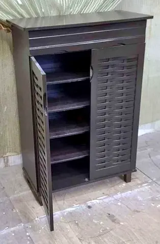 Dark Wood Storage Cabinet with Shelves and Sliding Doors