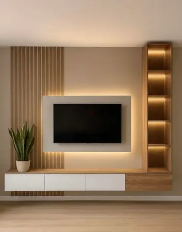 Wall-mounted TV Entertainment Unit with Shelves and LED Backlight