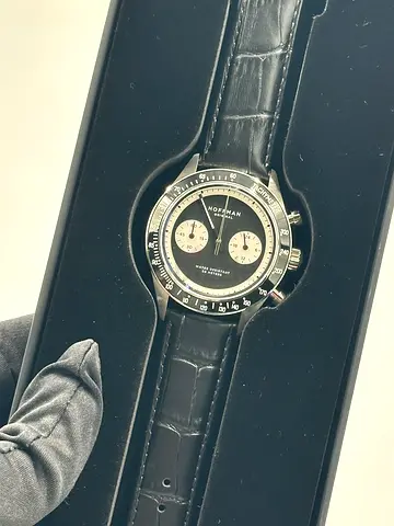 Mens -style Chronograph Watch with Black Leather Strap