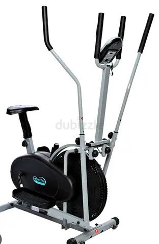 This is a Sky Land EM-1502 Orbitrac Elliptical Exercise Bike with a grey steel frame.It features dua
