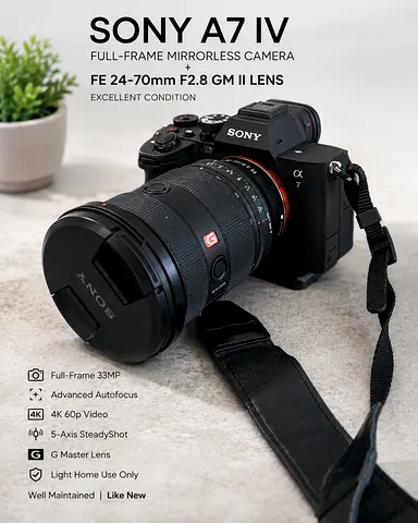 Sony A7 IV Full-Frame Mirrorless Camera + FE 24-70mm F2.8 GM II Lens – Gently Used (Home Use Only),