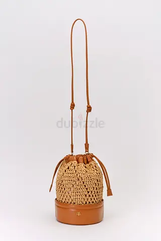 Tan Leather  Woven Raffia Bucket Bag with Drawstring Strap