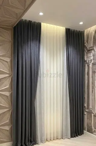 Pair of Dark Grey Velvet Curtains with Sheer White Inner Panels - Excellent Condition