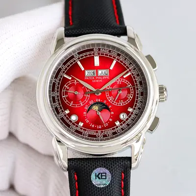 Patek Philippe style mens chronograph watch with red dial