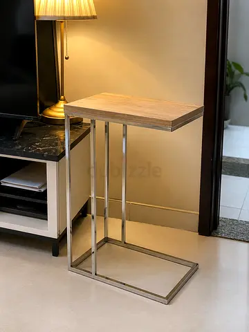 C-shaped Side Table with Oak Top and Chrome Frame