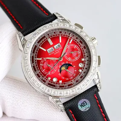 Patek Philippe-style Mens Chronograph Watch with Red Dial and Diamond Bezel