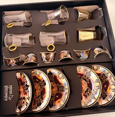 Yaren Glass Turkish Tea and coffee Set with Saucers and Holders - 12 pcs