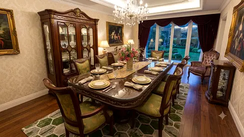 Classic 8-Seater Mahogany Dining Table with Chairs and Cabinet