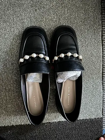 Black Charles Keith pearl-chain loafers, size not marked (used)