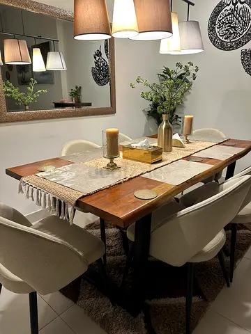 Solid Wood Dining Table with 6 Beige Chairs — Excellent Condition