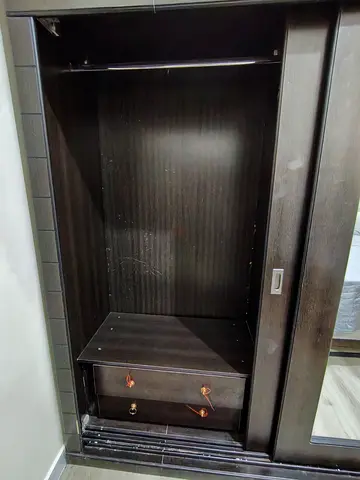 Dark Wood Sliding Door Wardrobe with Drawer - Good Condition