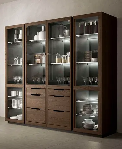 Solid Wood Display Cabinet with Glass Doors and Drawers - Dark Oak