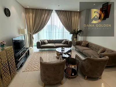 Two bedrooms and a master living room for rent, with three bathrooms and a balcony, fully furnished, with access to a gym, swimming pool, parking, and