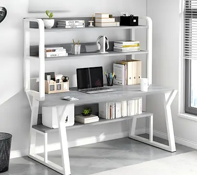 Multifunctional Home Office Desk with Built-in Storage Shelves, Grey  White – 140×60×147.5 cm
