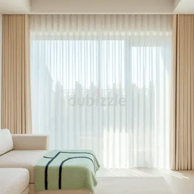 Beige floor-to-ceiling curtains with white sheer panels - like new