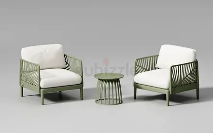 Outdoor/Patio Lounge Chair Set with Side Table — 2 Armchairs + Table, Olive Green