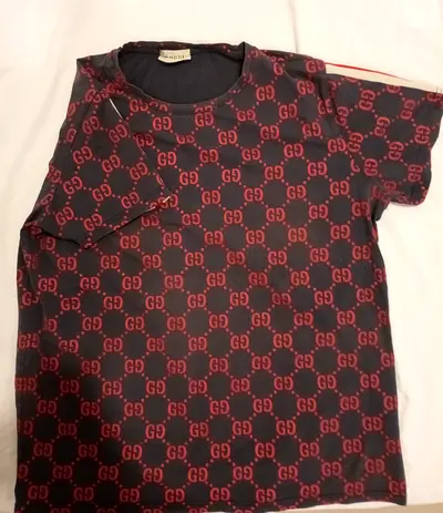 Gucci-style GG logo short sleeve T-shirt - dark red/black, pre-owned
