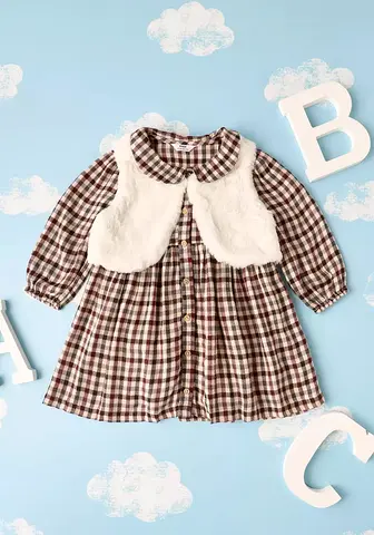 Baby girls brown checkered long sleeve dress with faux fur vest - 6-9 months