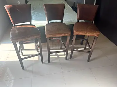 Set of 3 Brown Leather Bar Stools with Wooden Legs from The One