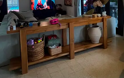 Custom Made Solid Indonesian Teak Wood Long Console Table with Lower Shelf - Natural Finish