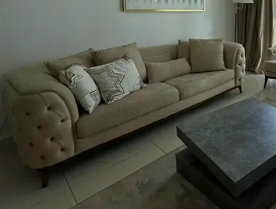 Beige tufted 3-seater sofa with cushions - modern living room set