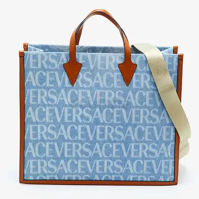 Versace Allover Blue/Brown Denim and Leather Shopper Tote
