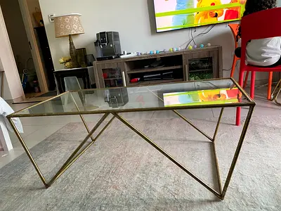 Glass Top Coffee Table with Brass Geometric Frame