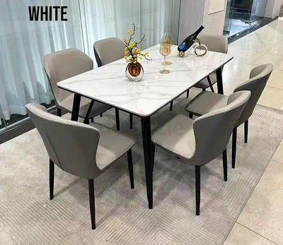 Modern 6-Seater Marble Top Dining Table with Upholstered Chairs