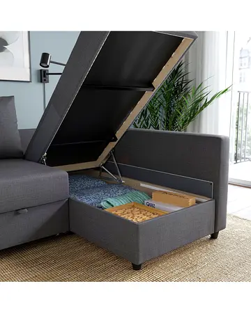 Grey fabric corner sofa with lift-up storage (left - facing chaise)