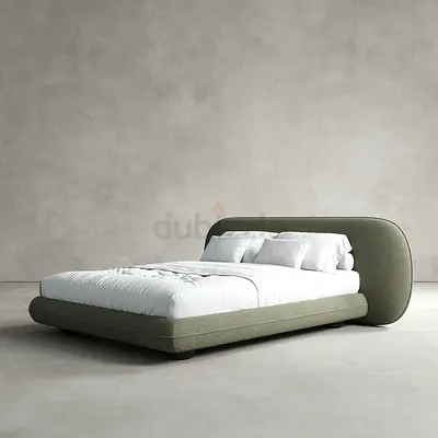 Modern Low-Profile Upholstered Bed with Curved Headboard - Olive Green