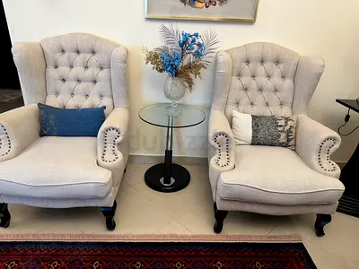 Sofa , Chair , 2 Pair of beige tufted wingback armchairs with nailhead trim