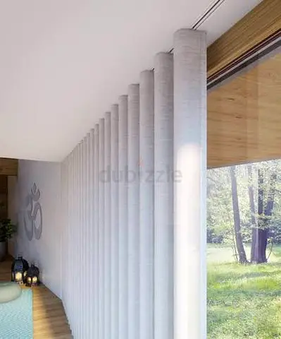 Light grey vertical fabric curtains — set for large sliding door