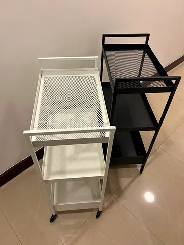 Set of 2 metal utility kitchen trolleys on wheels — black white