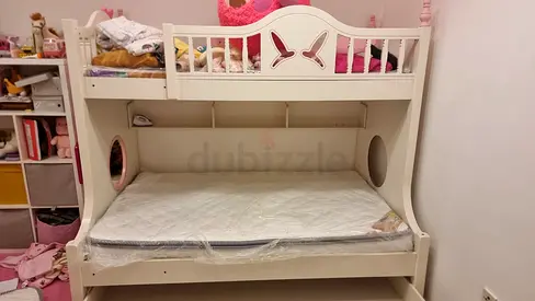 White Wooden Bunk Bed with Butterfly Design — Double Lower Bed, Good Condition
