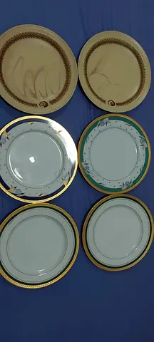 Set of 6 Decorative Dinner Plates - Mixed Patterns, Gold Trim (9 pcs)
