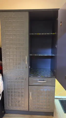 Grey freestanding wardrobe/cupboard with shelves and drawer - good condition fixed price