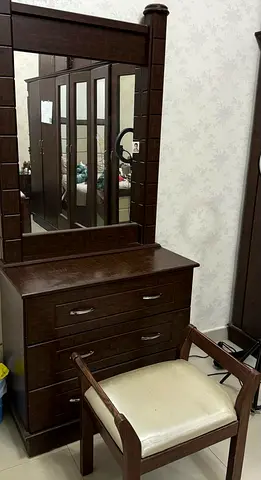Dark Wood Dresser with Mirror and Padded Stool - Good Condition